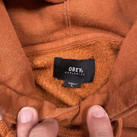 VTG Obey Hoodie Orange Y2K Logo Print Casual Skateboard Pullover Size Large - Picture 4 of 6